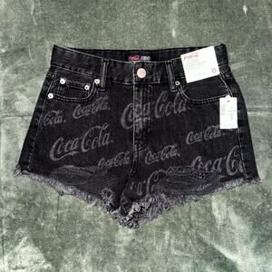 Coca-Cola Aero Vintage High Rise Shorty Shorts‎ Women's 0 Black Logo Frayed Hem